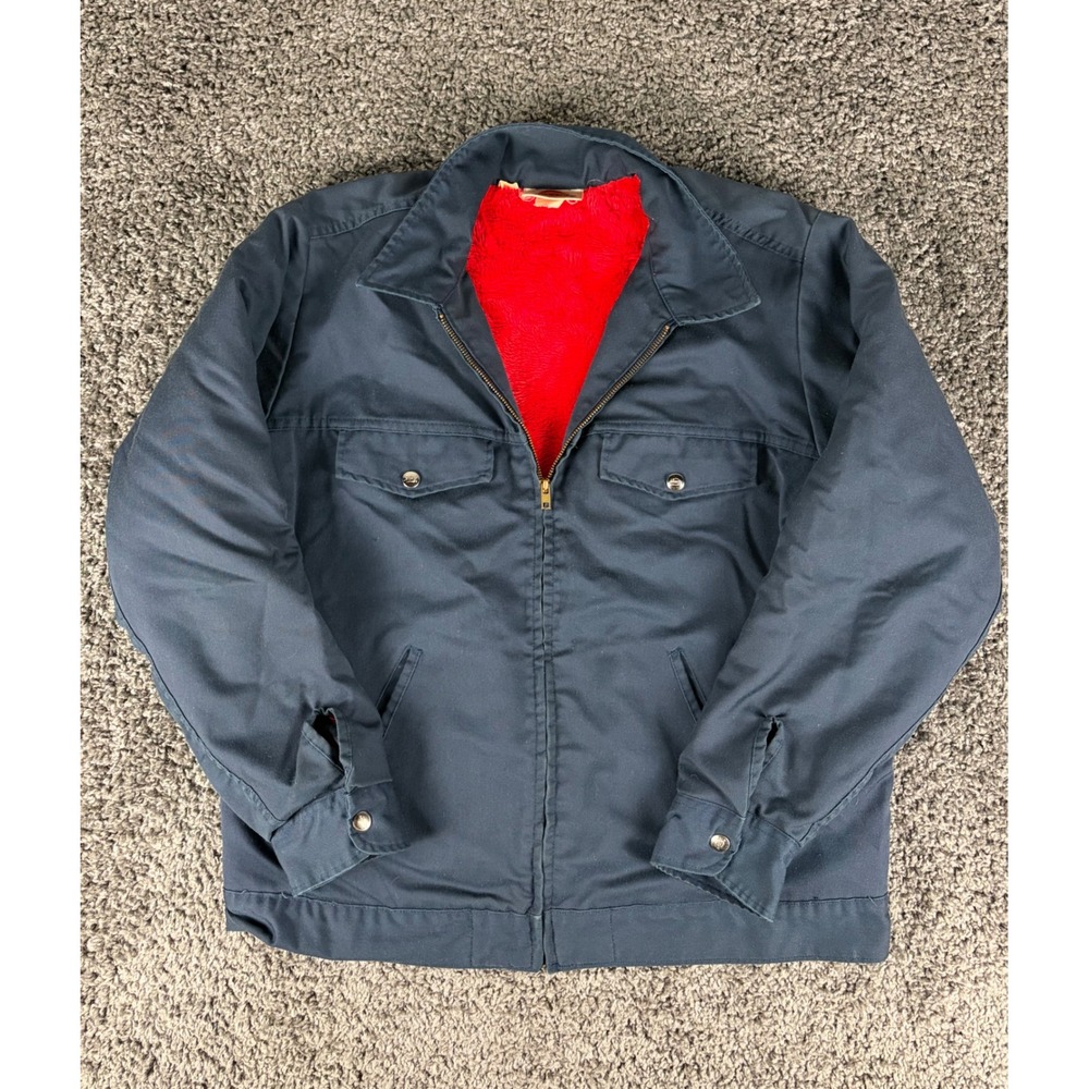 Vintage 80s Dickies Navy Blue Lined Work Jacket Mens Large Red Faux Fur